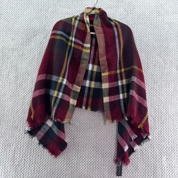 Oversized Classic Plaid Cozy Fall Blanket Square Scarf Burgundy Fringe Trim New - Picture 1 of 6